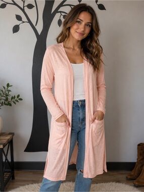 Light Pink Lightweight Duster Cardigan Open Front Soft Layering Sweater. Ptp 25